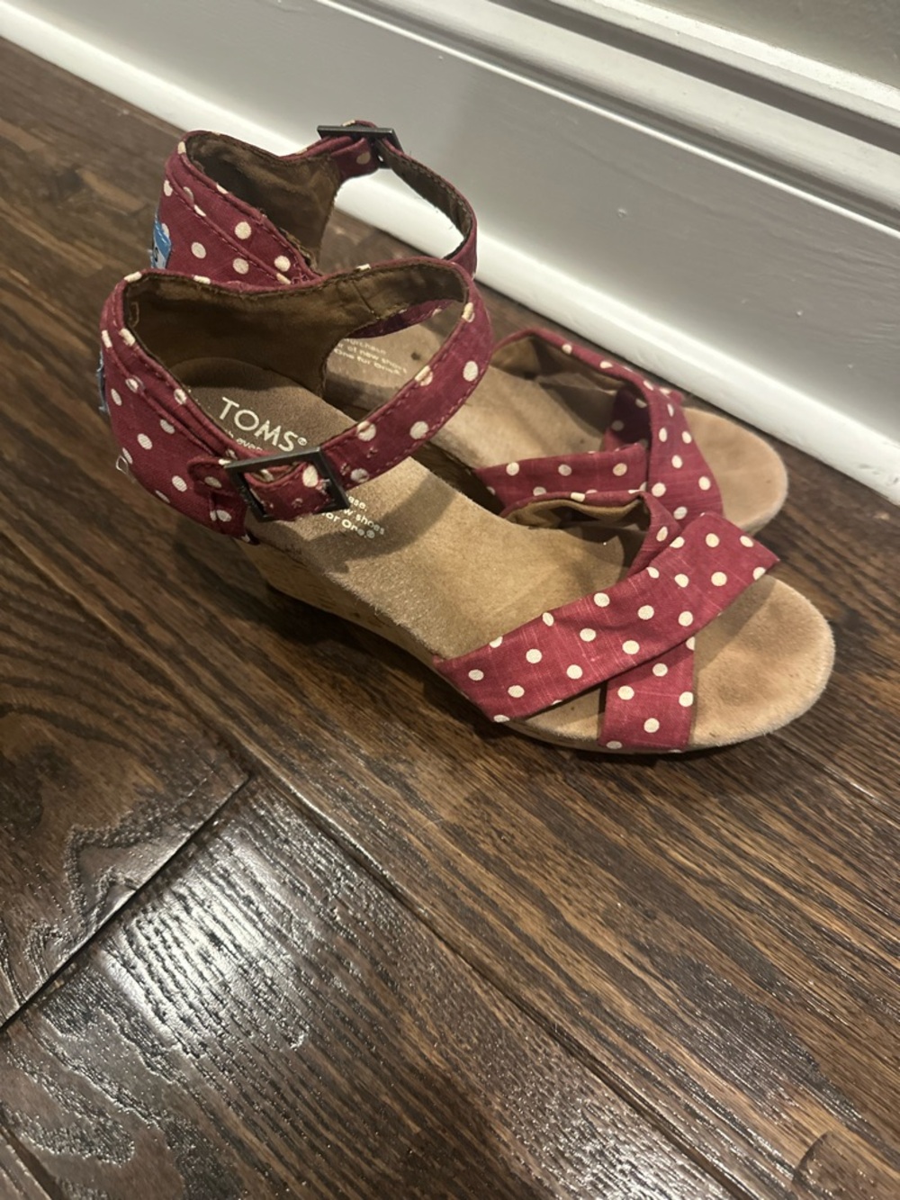 Toms Burgundy Polka Dot Cork Wedge Sandals - Picture 2 of 4